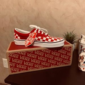 Red and white checkered Vans